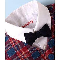 Babyhug Woven Full Sleeves Checkered 3 Piece Party Suit with Bow - Red White & Navy Blue