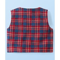 Babyhug Woven Full Sleeves Checkered 3 Piece Party Suit with Bow - Red White & Navy Blue