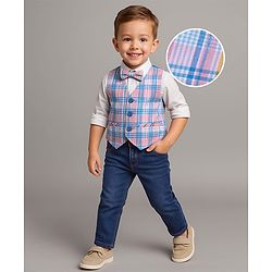 Babyhug Woven Full Sleeves Checkered 3 Piece Party Suit With Bow - White