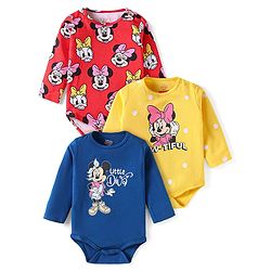 Babyhug Disney Interlock Knit Full Sleeves Onesies with Minnie Mouse Graphics Pack of 3 - Navy Blue Red & Yellow