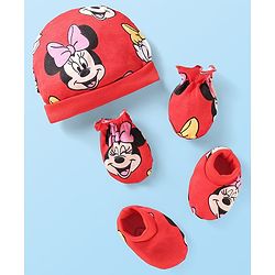 Babyhug Disney Interlock Knit Cap Mittens & Booties Set with Minnie Mouse Graphics Red - Diameter 9 cm