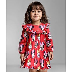 Babyhug Disney Cotton Knit Full Sleeves Frock With Minnie Mouse Print Frill Detailing & Bloomer - Red
