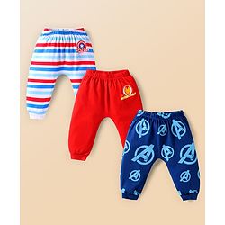 Babyhug Marvel Interlock Knit Full Length Diaper Leggings with Avengers Print Pack of 3 - Red Navy Blue & White