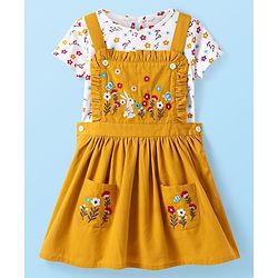 Babyhug Cotton Woven Frock & Half Sleeves Inner Tee With Floral Print & Embroidery - Yellow & White