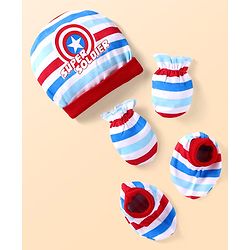 Babyhug Marvel Interlock Knit Cap Mittens & Booties Set with Stripes & Avengers Graphics - White