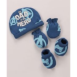 Babyhug Marvel Interlock Knit Cap Mittens & Booties Set with Avengers Graphics Blue - Diameter 12 Cm