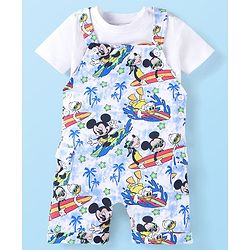 Babyhug Disney Single Jersey Knit Dungaree and Half Sleeves T-Shirt Set Mickey Mouse Graphics - White
