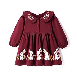Babyhug Cotton Woven Full Sleeves Peter Pan Collared Frock With Floral Embroidery & Bunny Print - Maroon