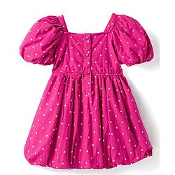 Babyhug Cotton Woven Half Puffed Sleeves Frock With Polka Dot Print & Bow Applique - Dark Pink