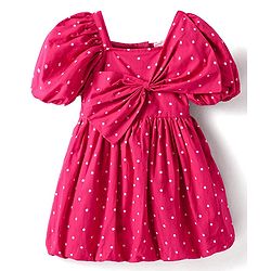 Babyhug Cotton Woven Half Puffed Sleeves Frock With Polka Dot Print & Bow Applique - Dark Pink