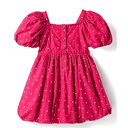 Babyhug Cotton Woven Half Puffed Sleeves Frock With Polka Dot Print & Bow Applique - Dark Pink