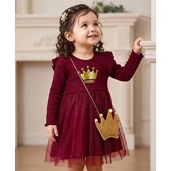 Babyhug Cotton Knit Full Sleeves Dress With Mesh & Glitter Detailing - Maroon