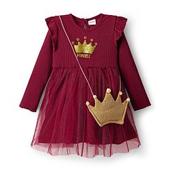 Babyhug Cotton Knit Full Sleeves Dress With Mesh & Glitter Detailing - Maroon