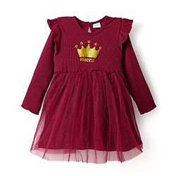 Babyhug Cotton Knit Full Sleeves Dress With Mesh & Glitter Detailing - Maroon