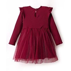 Babyhug Cotton Knit Full Sleeves Dress With Mesh & Glitter Detailing - Maroon