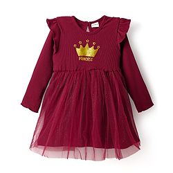 Babyhug Cotton Knit Full Sleeves Dress With Mesh & Glitter Detailing - Maroon