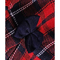 Babyhug Cotton Woven Half Puffed Sleeves Checkered Collared Winter Frock with Bow Applique - Dark Red