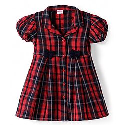 Babyhug Cotton Woven Half Puffed Sleeves Checkered Collared Winter Frock with Bow Applique - Dark Red