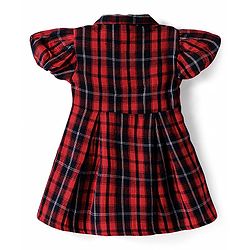Babyhug Cotton Woven Half Puffed Sleeves Checkered Collared Winter Frock with Bow Applique - Dark Red