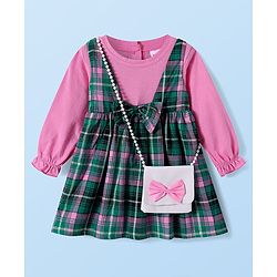 Babyhug Cotton Woven Full Sleeves Checkered Frock with Sling Bag & Bow Applique - Pink