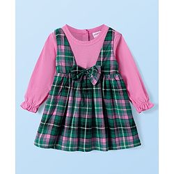 Babyhug Cotton Woven Full Sleeves Checkered Frock with Sling Bag & Bow Applique - Pink