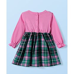 Babyhug Cotton Woven Full Sleeves Checkered Frock with Sling Bag & Bow Applique - Pink