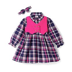 Babyhug Cotton Woven Full Sleeves Checks Frock With Attached Shrug & Headband - Pink & Navy Blue