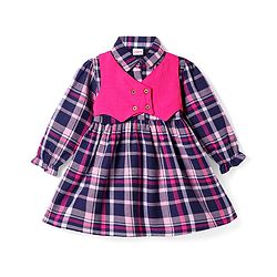 Babyhug Cotton Woven Full Sleeves Checks Frock With Attached Shrug & Headband - Pink & Navy Blue