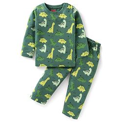 Babyhug Cotton Knit Full Sleeves Dino Printed Night Suit - Dark Green