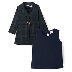 Babyhug Cotton Woven Full Sleeves Checkered Winter Frock with Sleeveless Inner T-Shirt - Dark Green