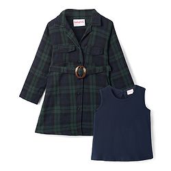 Babyhug Cotton Woven Full Sleeves Checkered Winter Frock with Sleeveless Inner T-Shirt - Dark Green