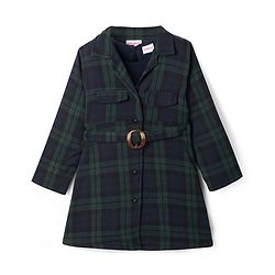 Babyhug Cotton Woven Full Sleeves Checkered Winter Frock with Sleeveless Inner T-Shirt - Dark Green