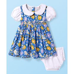 Babyhug Cotton Woven Half Puffed Sleeves Frock With Floral Print & Bloomer - Blue & White