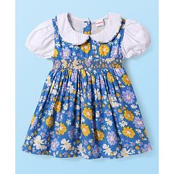 Babyhug Cotton Woven Half Puffed Sleeves Frock With Floral Print & Bloomer - Blue & White