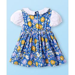 Babyhug Cotton Woven Half Puffed Sleeves Frock With Floral Print & Bloomer - Blue & White