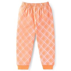 Babyhug Cotton Knit Full Sleeves Night Suit with Checkered & Bear Print - Orange