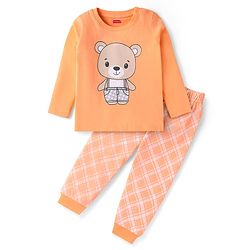 Babyhug Cotton Knit Full Sleeves Night Suit with Checkered & Bear Print - Orange