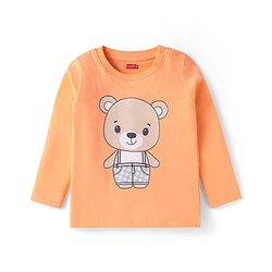 Babyhug Cotton Knit Full Sleeves Night Suit with Checkered & Bear Print - Orange