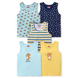Babyhug 100% Cotton Sleeveless Sandos With Teddy Bear & Star Print Pack Of 5 - Blue & Yellow