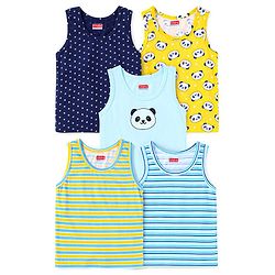 Babyhug 100% Cotton Knit Sleeveless Sando with Stripes Panda & Star Print Pack of 5 - Blue Green & Yellow