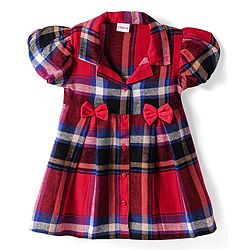Babyhug Cotton Knit Half Puffed Sleeves Checkered Collared Winter Frock with Bow Applique - Dark Red