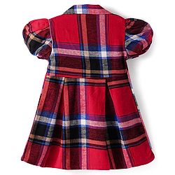 Babyhug Cotton Knit Half Puffed Sleeves Checkered Collared Winter Frock with Bow Applique - Dark Red