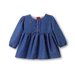 Babyhug Cotton Knit Full Sleeves Frock with Apple Embroidery - Blue