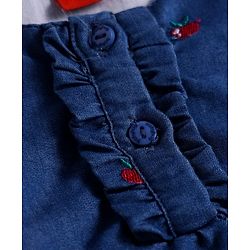 Babyhug Cotton Knit Full Sleeves Frock with Apple Embroidery - Blue
