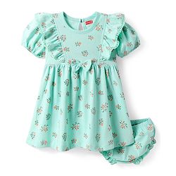 Babyhug Single Jersey Knit Half Sleeves Floral Printed Frock with Bloomer & Bow Applique - Turquoise