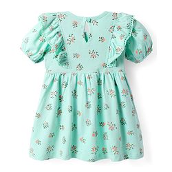 Babyhug Single Jersey Knit Half Sleeves Floral Printed Frock with Bloomer & Bow Applique - Turquoise