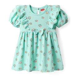 Babyhug Single Jersey Knit Half Sleeves Floral Printed Frock with Bloomer & Bow Applique - Turquoise