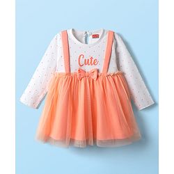 Babyhug Single Jersey Knit Full Sleeves Polka Dots Printed Frock with Bow Applique - Dark Peach