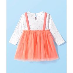 Babyhug Single Jersey Knit Full Sleeves Polka Dots Printed Frock with Bow Applique - Dark Peach