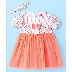 Babyhug Single Jersey Knit Half Sleeves Striped Frock with Bow Frill  Detailing & Headband - White & Peach